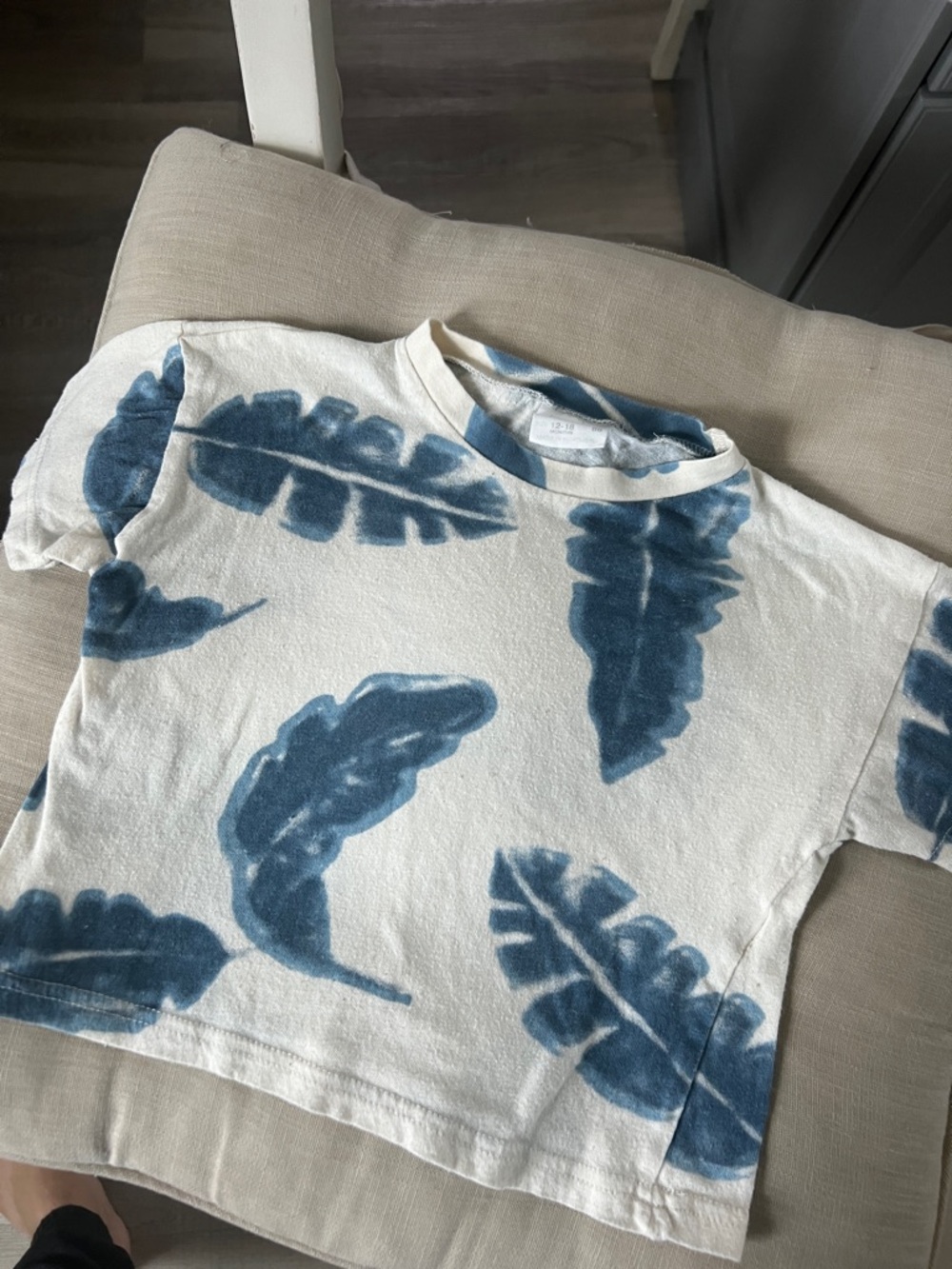Zara Cream Tee with Blue Leaf Print